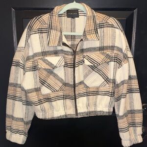 Timing Plaid Cropped Teddy Jacket in Cream and Tan
